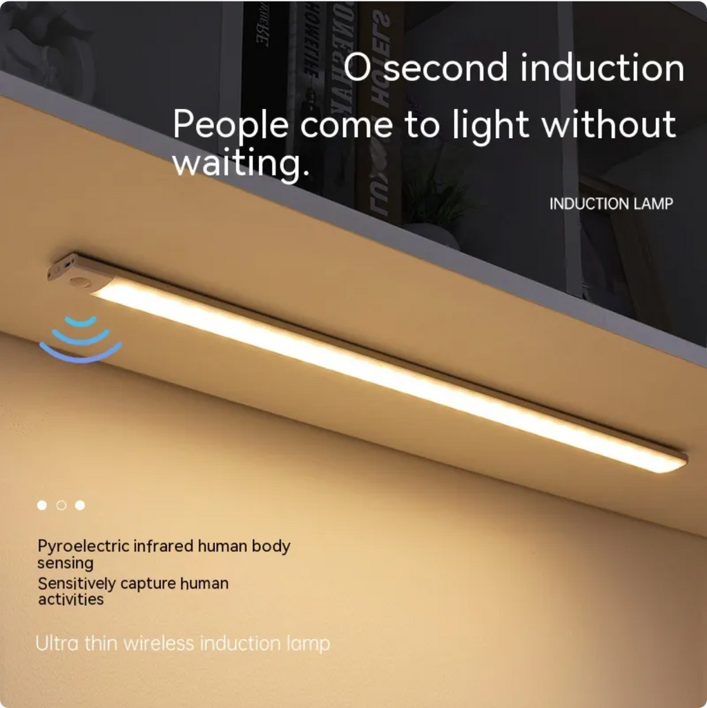 Induction lamp with text about instant activation and human body sensing.