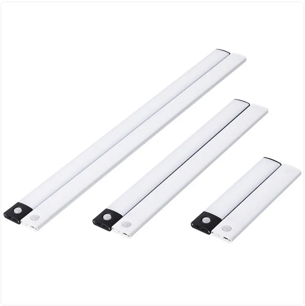 Three white LED light strips with motion sensors on a white background