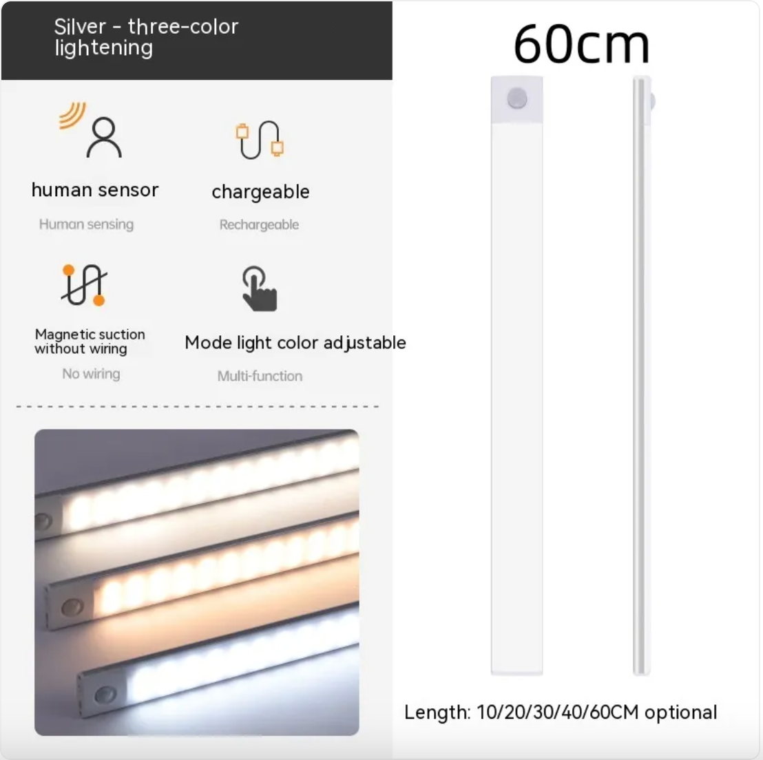 Light strip with features listed on a white background