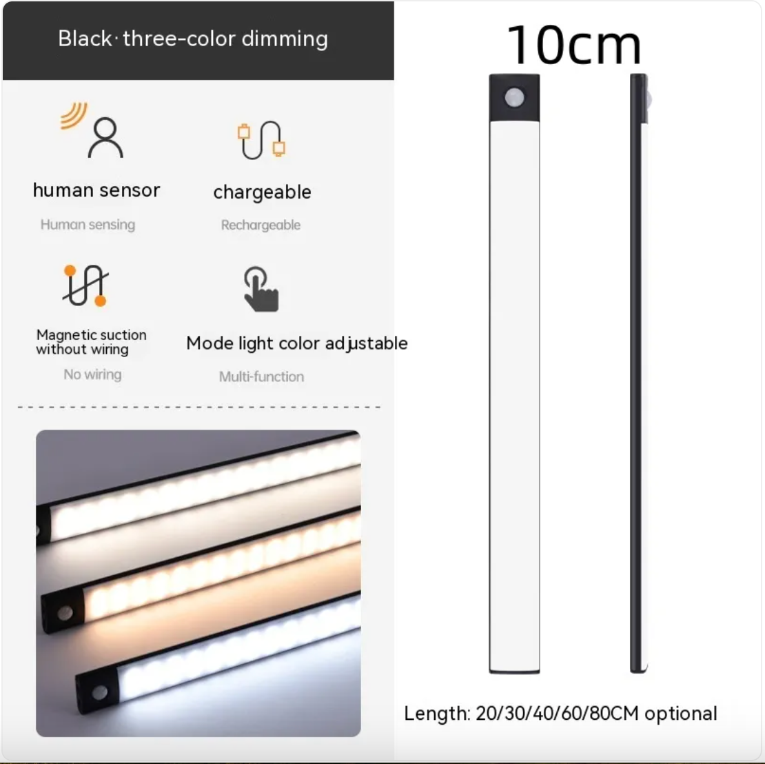 Light strip with features listed on a white background