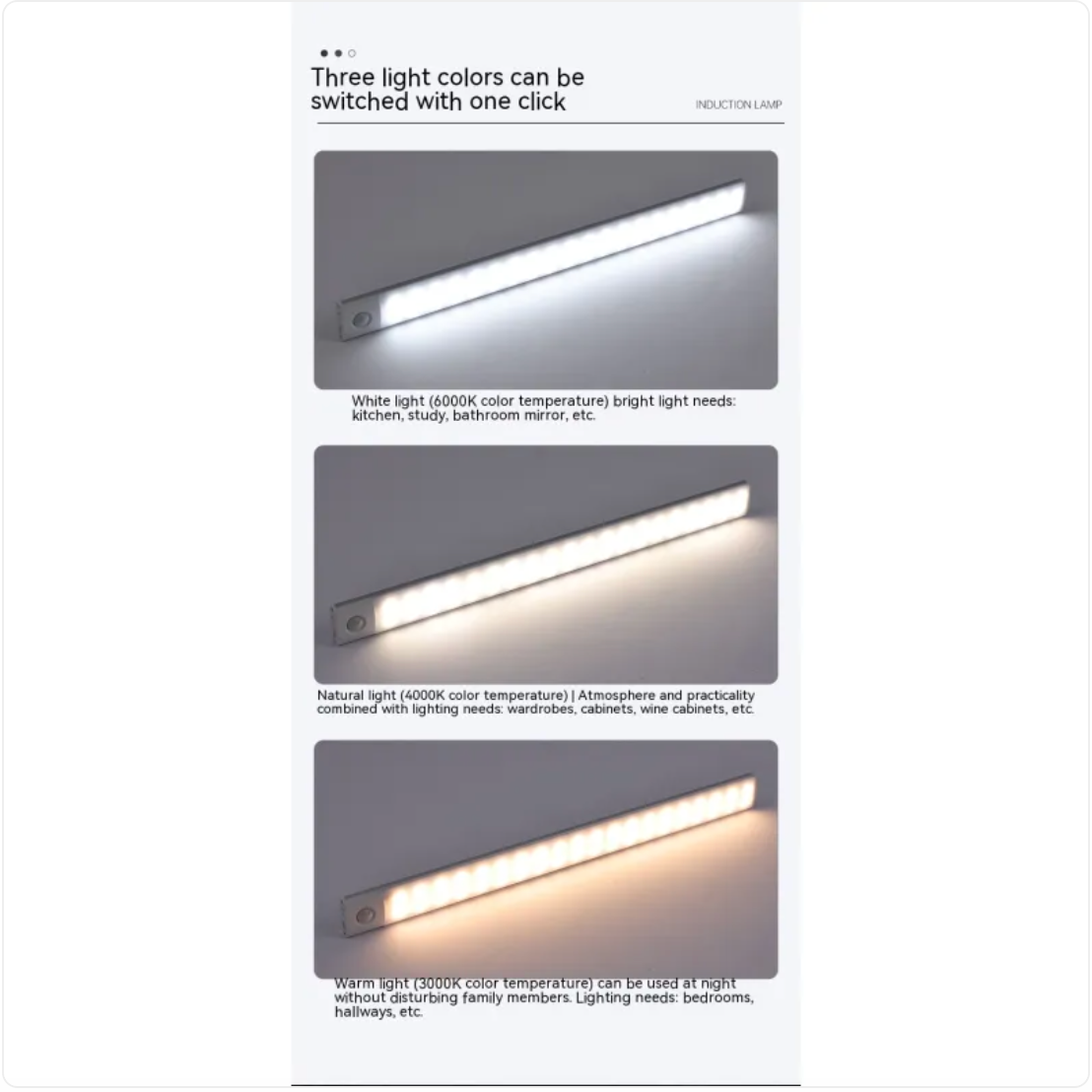 LED light bar with three different color temperature options on a white background