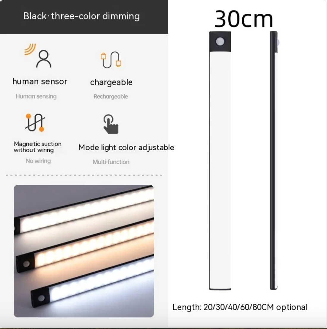 Light strip with features listed on a white background