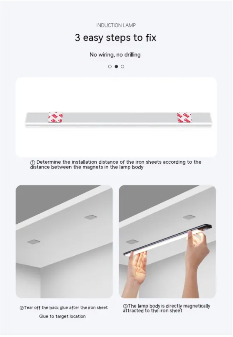 Induction lamp installation guide with three easy steps on a white background