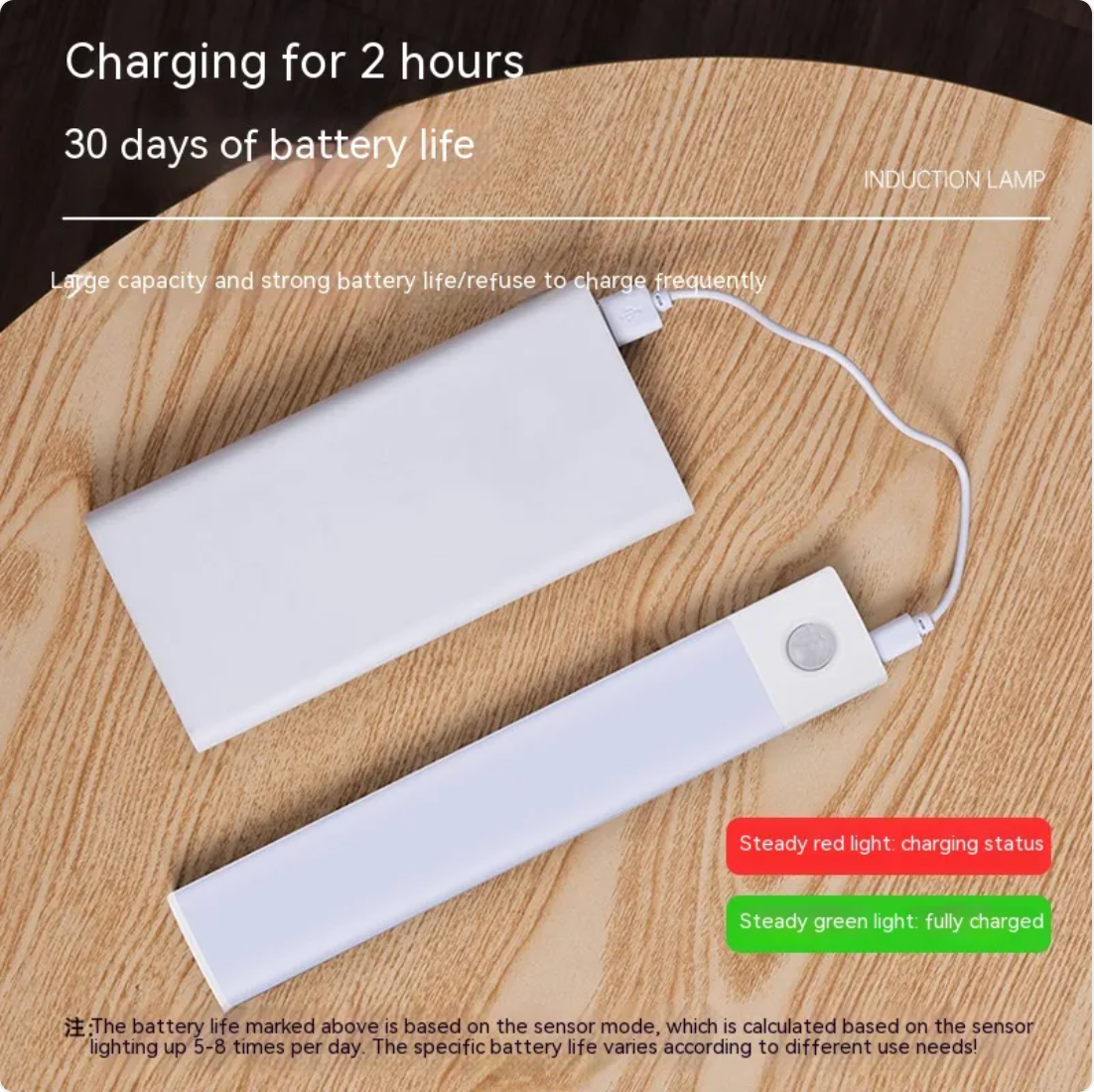 White power bank with charging cable on a wooden surface, showing charging status indicators.